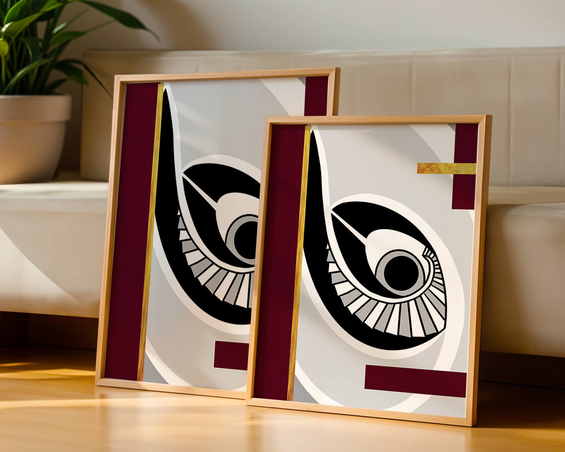 Arte geométrico abstracto con motivo de ojo y detalles dorados
