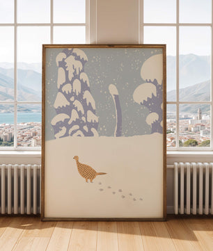 Winter landscape with pheasant walking through snowy forest