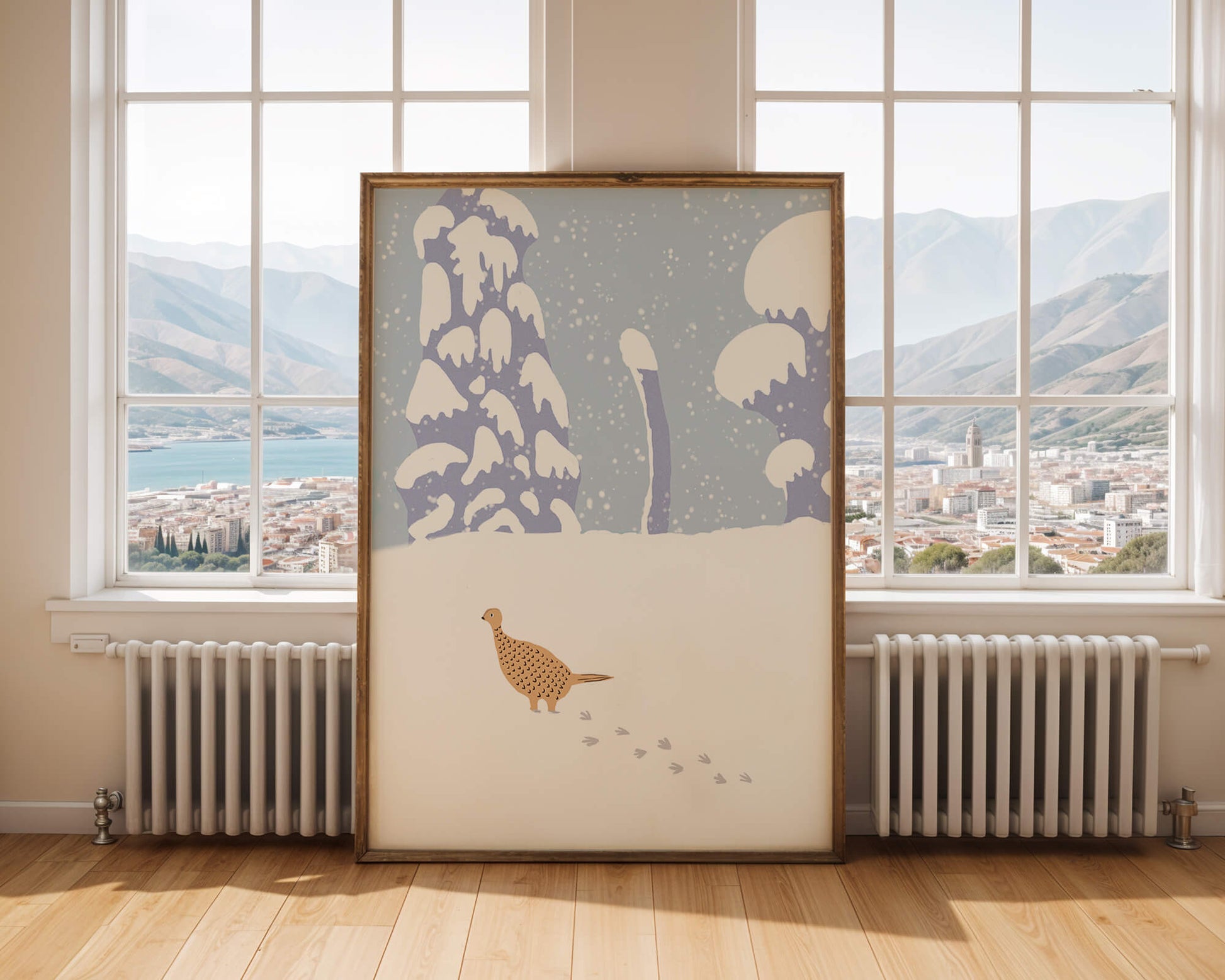 Winter landscape with pheasant walking through snowy forest