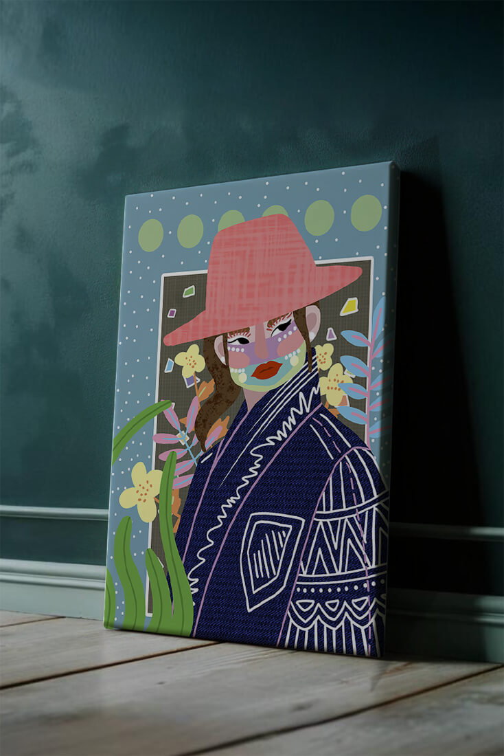 Retrato colorido con patrones y elementos abstractos