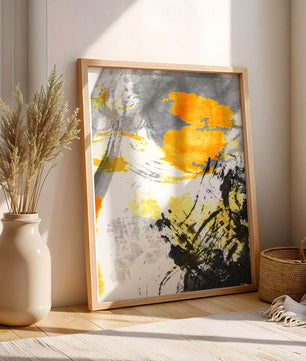 Abstract yellow and black watercolor splash with dynamic brushstrokes