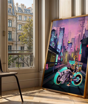Paisaje urbano futurista cyberpunk con rascacielos iluminados con neón y motociclista
