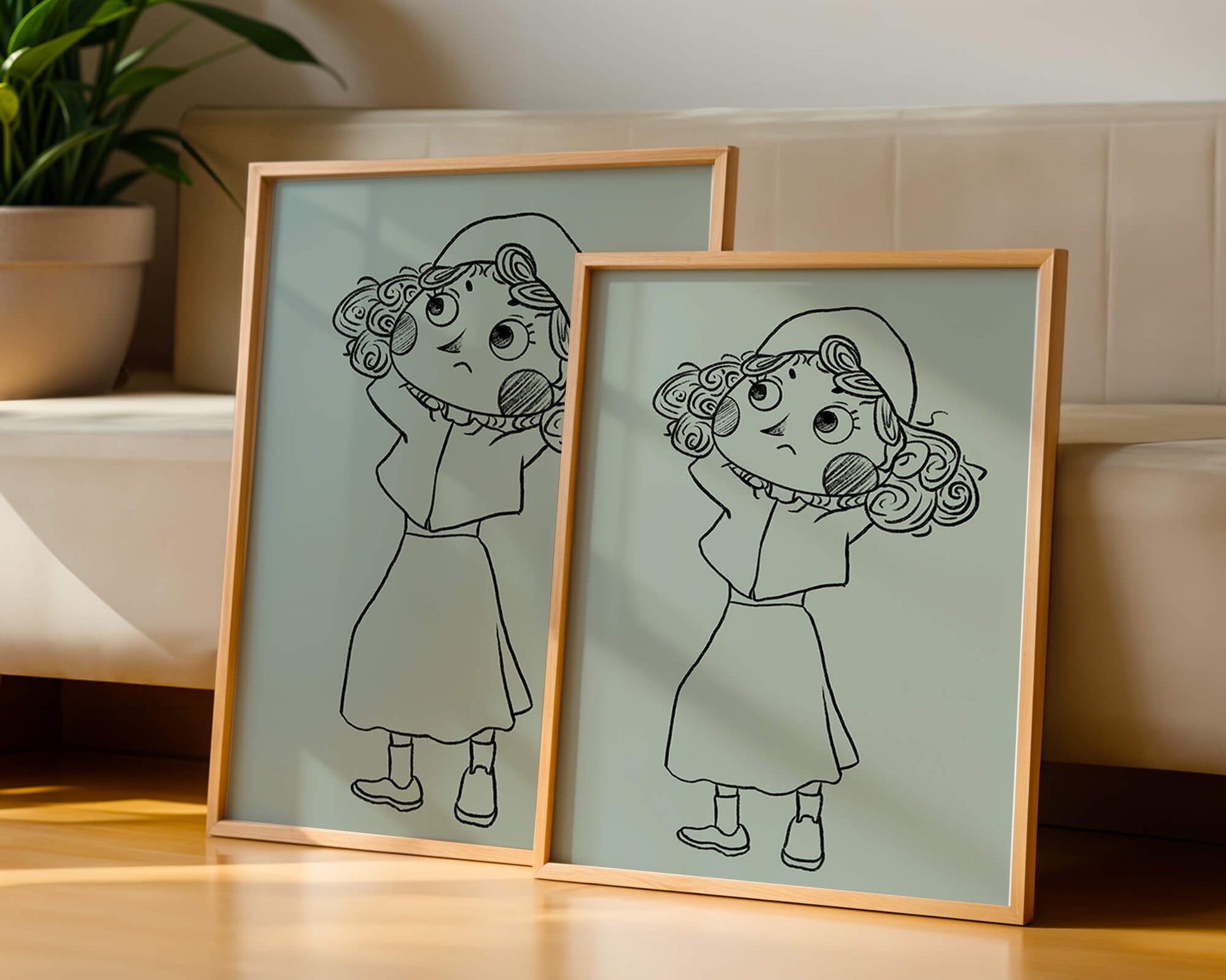 Ilustración a mano de un personaje de dibujos animados pensativo con cabello rizado y gorro