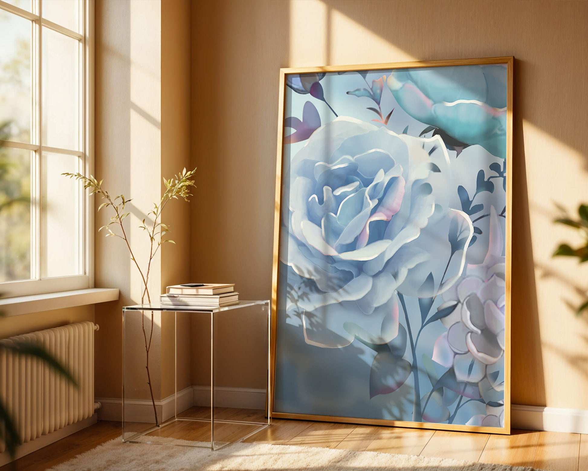 Rosas azules serenas con hojas delicadas sobre fondo suave