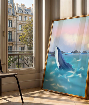 Ruhige Meeresszene mit einem majestätischen Wal, der im Morgengrauen aus dem Wasser springt