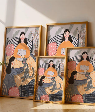 Escena interior acogedora con mujeres, gatos y elementos decorativos