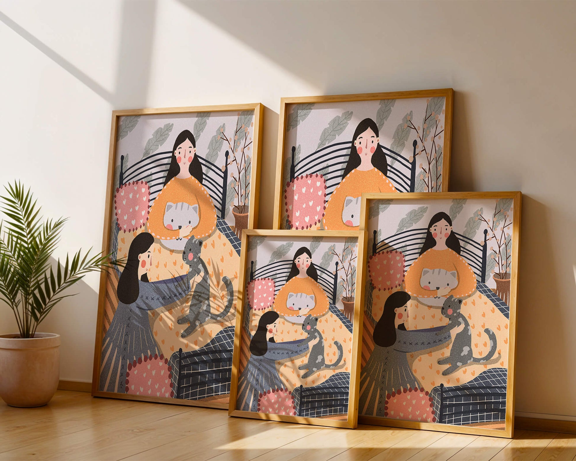 Escena interior acogedora con mujeres, gatos y elementos decorativos