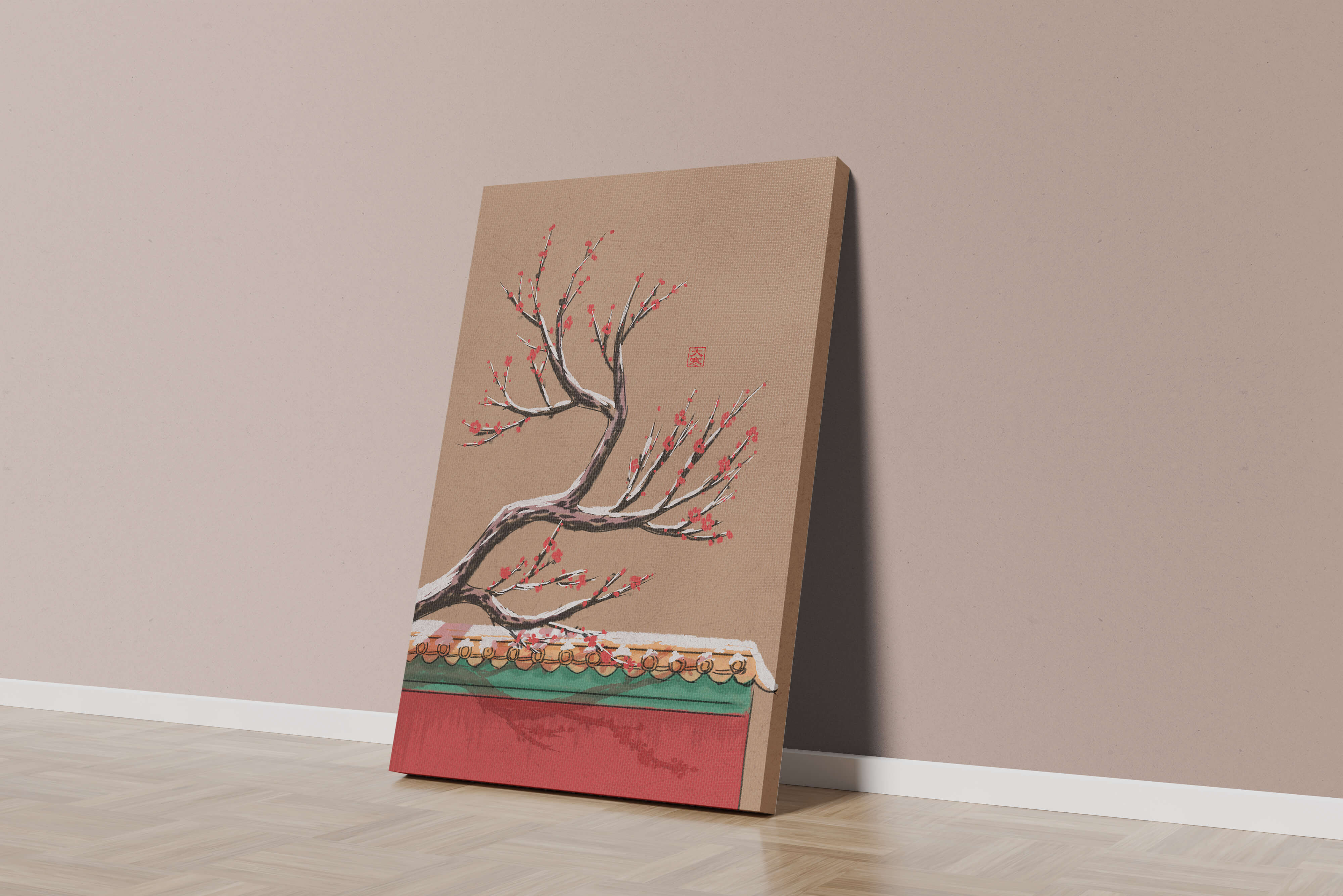 Illustration of blooming plum branch over traditional rooftop