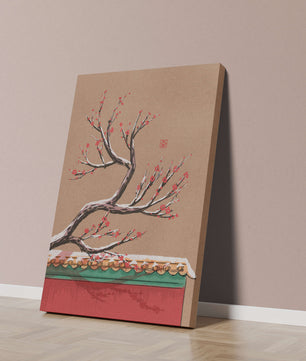 Illustration of blooming plum branch over traditional rooftop