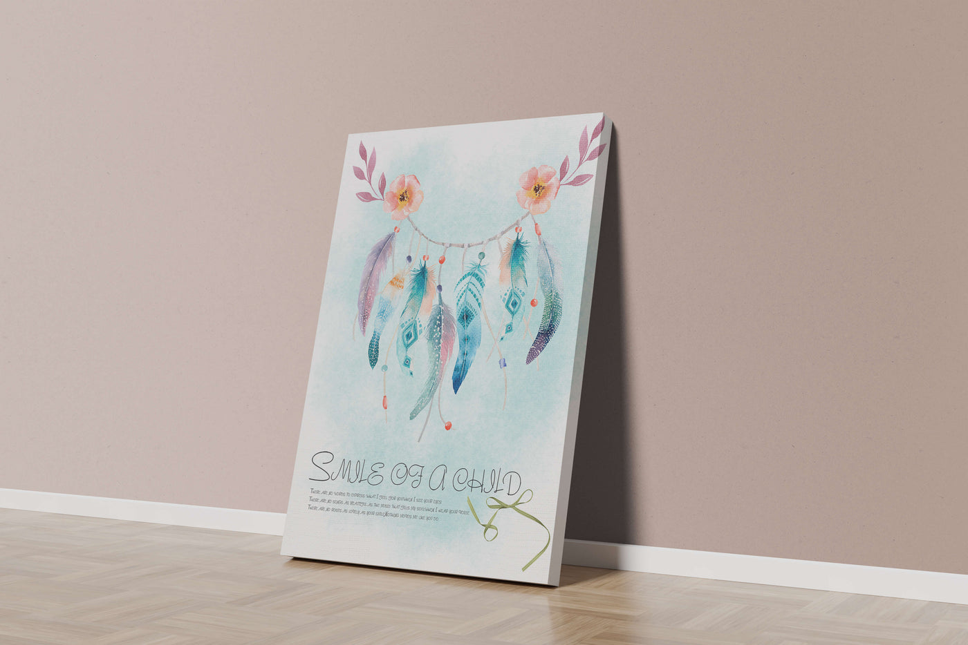 Whimsical dreamcatcher with feathers and flowers in a pastel watercolor style