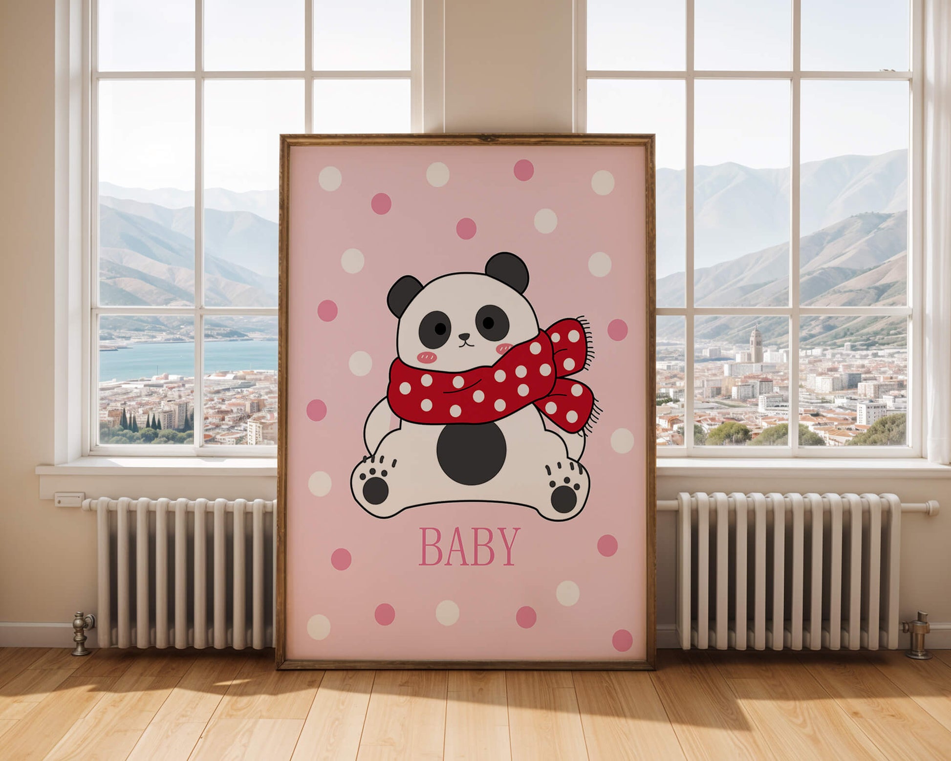 Cartoon panda with red scarf on pink polka dot background