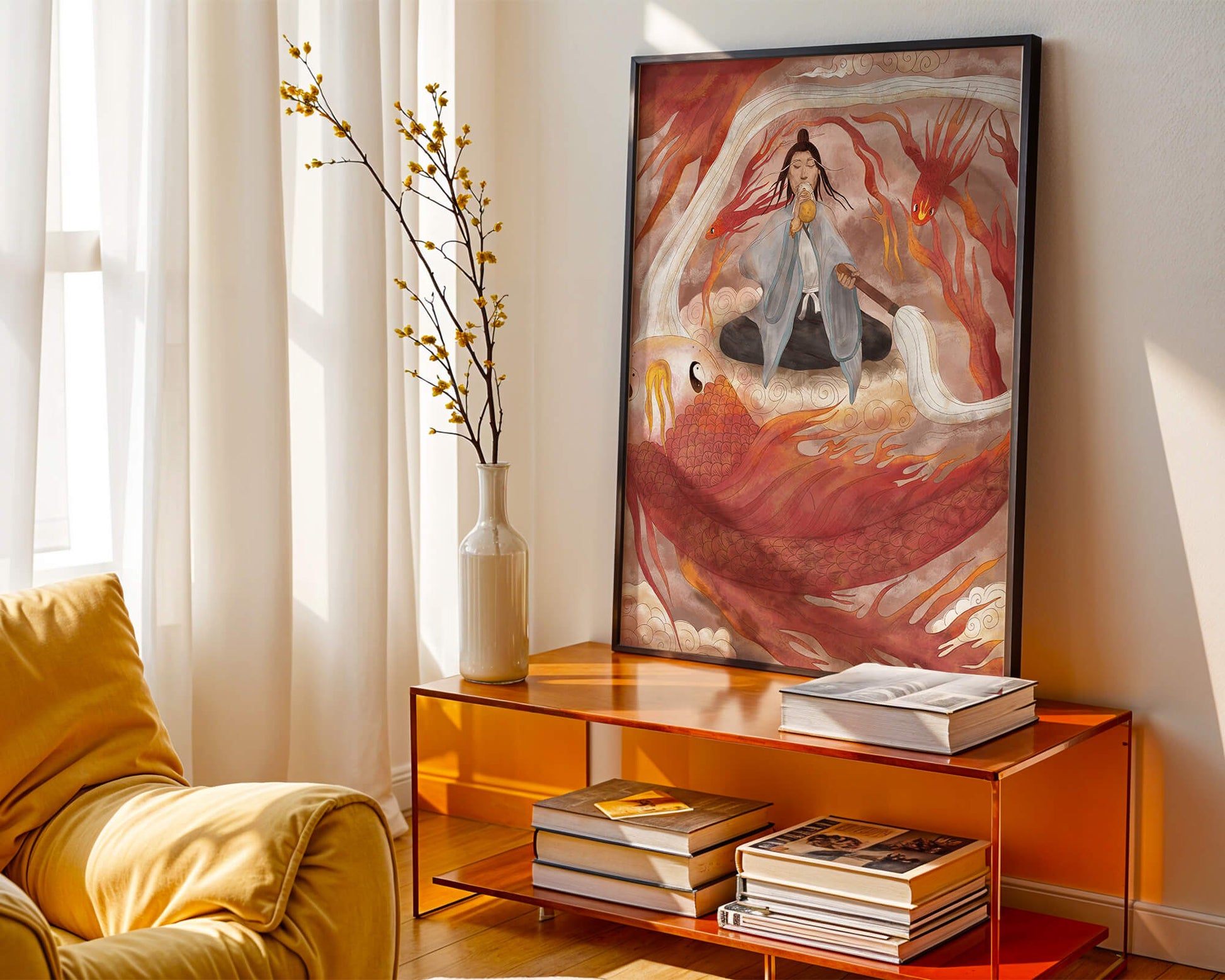 Serene meditation with mystical elements and mythical creatures