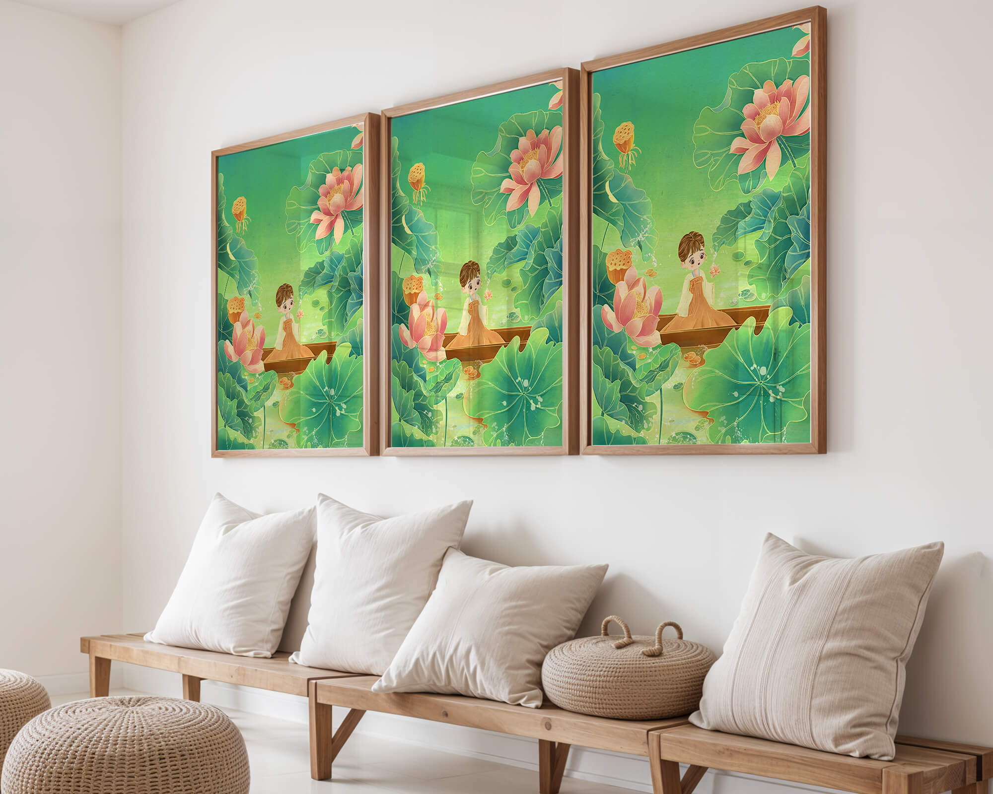 Serene illustration with girl among lotus flowers and green leaves