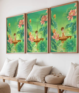 Serene illustration with girl among lotus flowers and green leaves