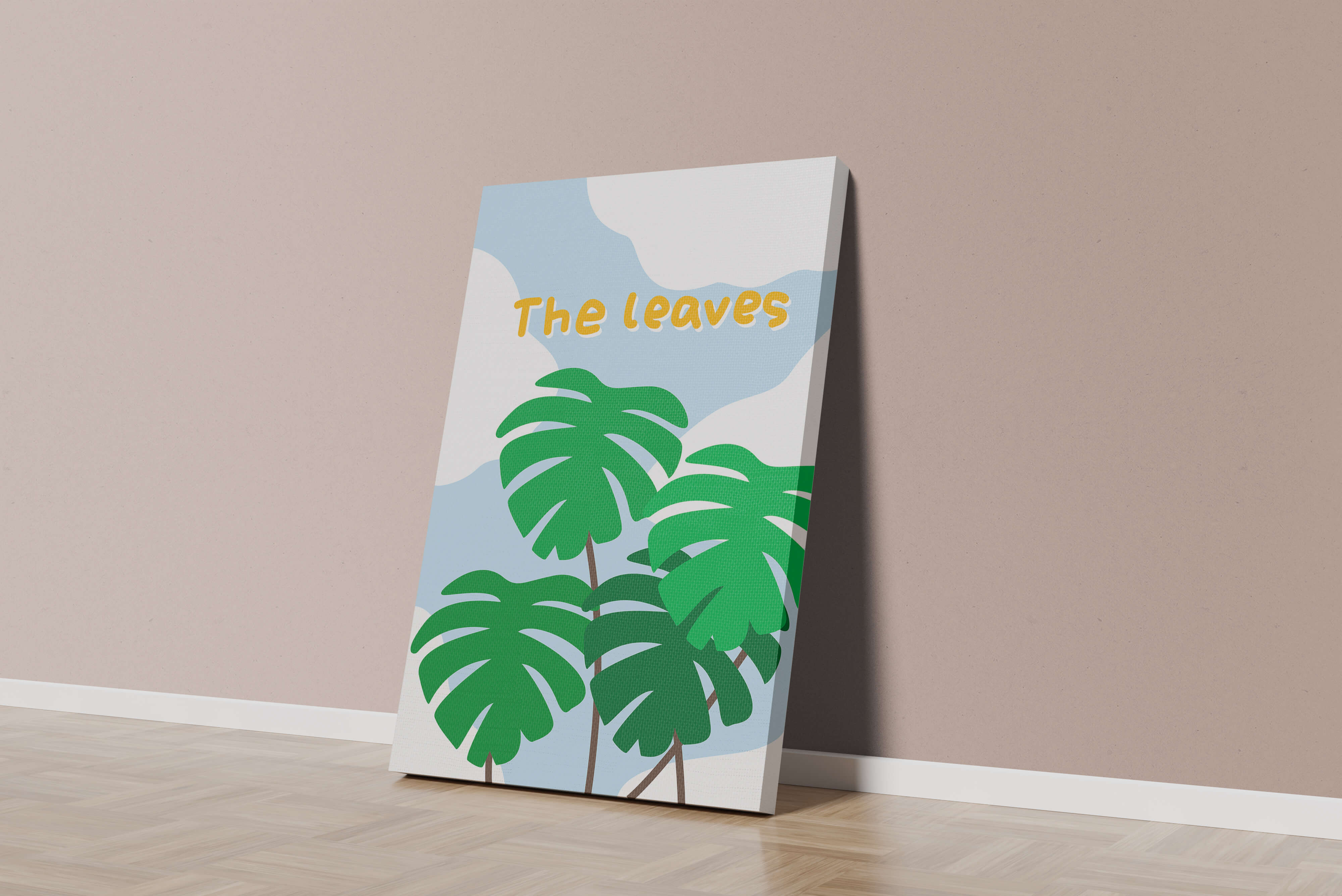 Illustrative tropical leaves with blue sky background for home decor