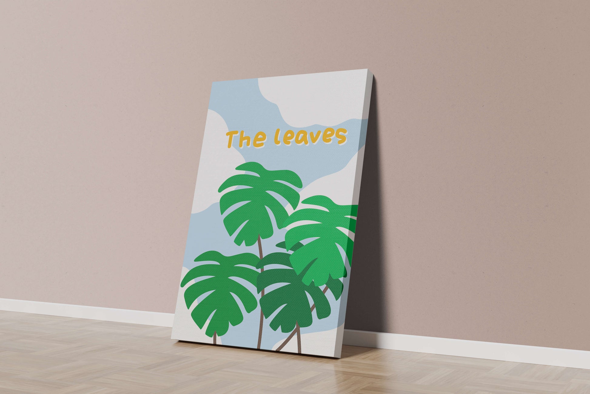 Illustrative tropical leaves with blue sky background for home decor