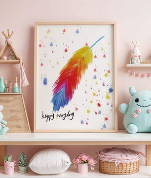 Colorful feather with inspirational message on abstract paint splatter background