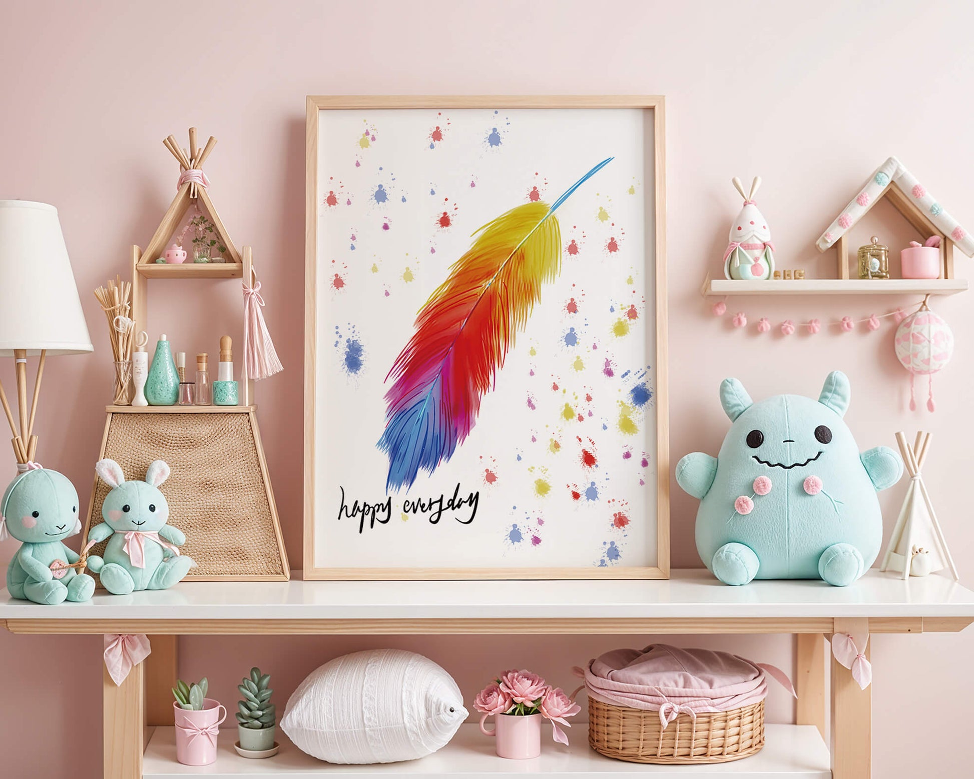 Colorful feather with inspirational message on abstract paint splatter background