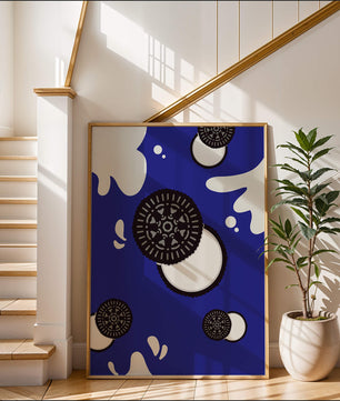 Graphic design featuring cookies and milk splashes on blue background