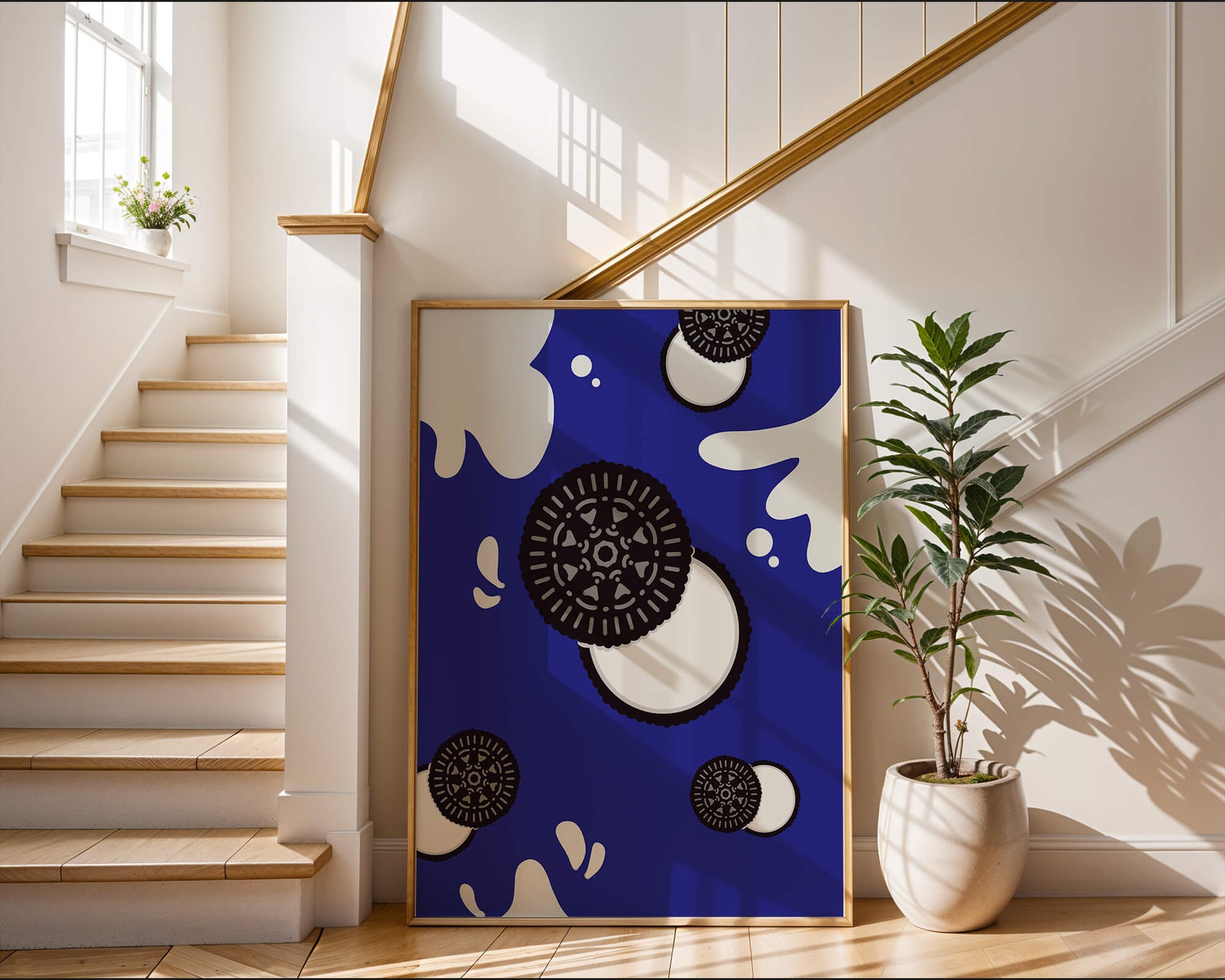 Graphic design featuring cookies and milk splashes on blue background