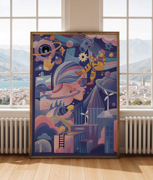 Futuristic space exploration artwork with astronaut and planets
