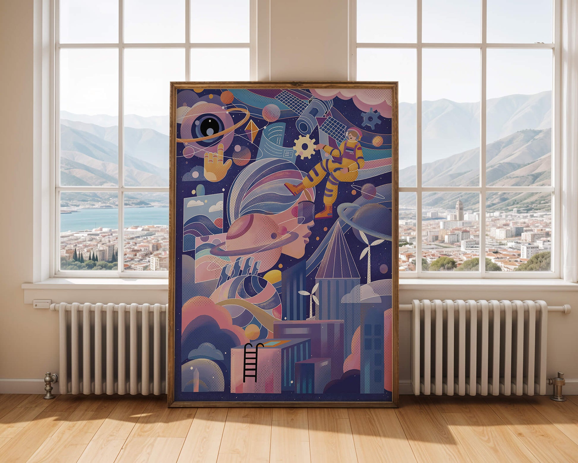 Futuristic space exploration artwork with astronaut and planets