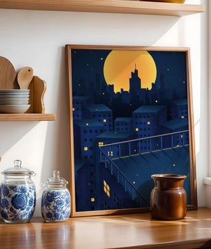 Stadtdach bei Nacht mit beleuchteten Fenstern und Vollmond