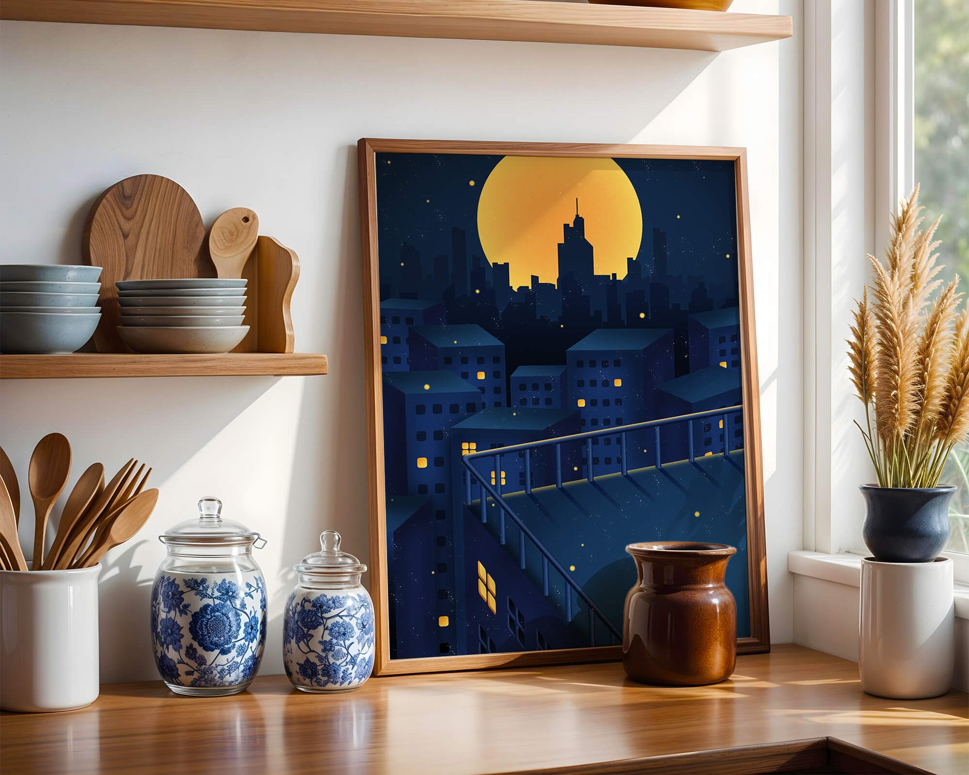 City Rooftop at Night with Illuminated Windows and Full Moon