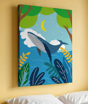 Illustration eines Wals in einer farbenfrohen Waldszene mit Mond und Pflanzen