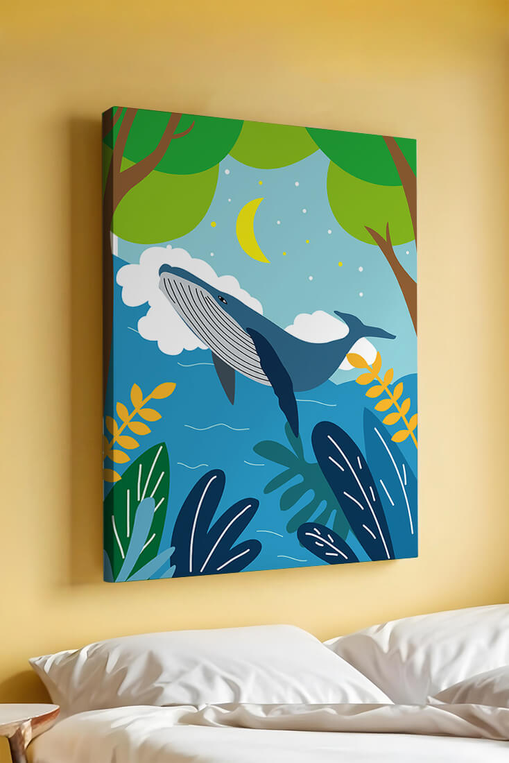 Illustration of a whale in a colorful forest scene with moon and plants