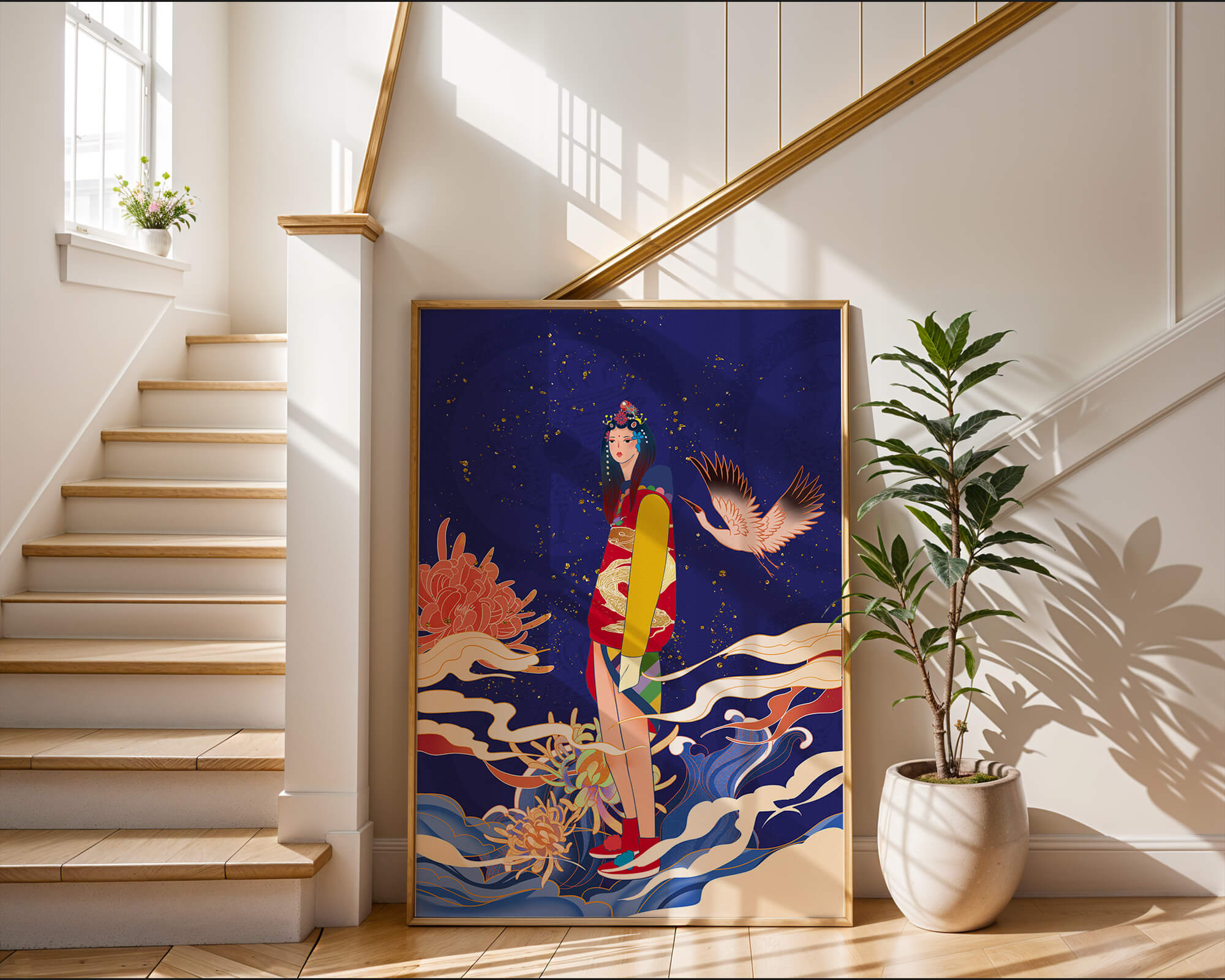 Elegant fusion of traditional and modern art with floral and avian elements