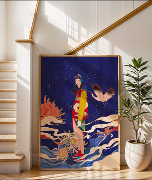 Fusion élégante d’art traditionnel et moderne avec des éléments floraux et aviaires