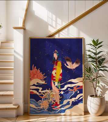 Elegant fusion of traditional and modern art with floral and avian elements