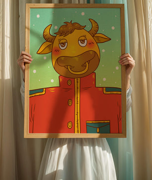 Cartoon cow character in a red coat against a snowy background