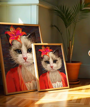 Retrato de gato con acentos de flores vibrantes y atuendo colorido