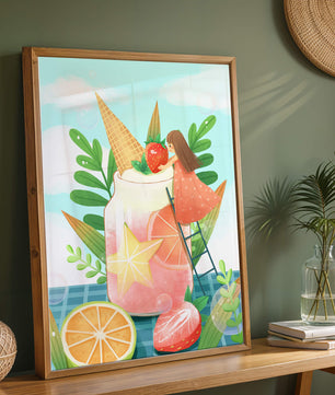 Bezaubernde Sommergetränk-Illustration mit Früchten, Blättern und einem Kind