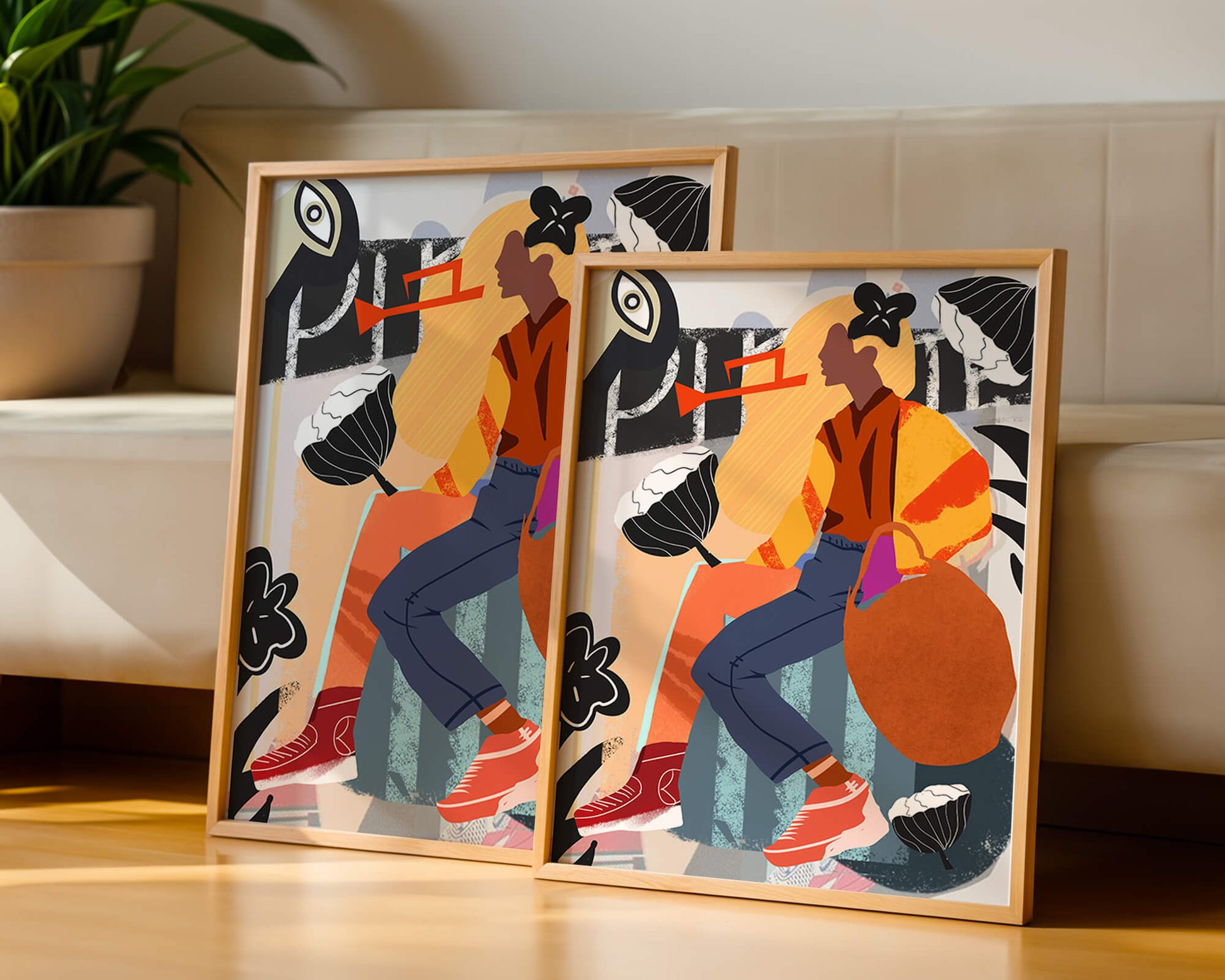 Colorful abstract fashion illustration with floral and geometric elements