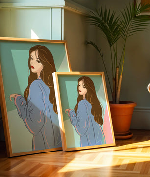 Illustration of woman with long hair and blue jacket