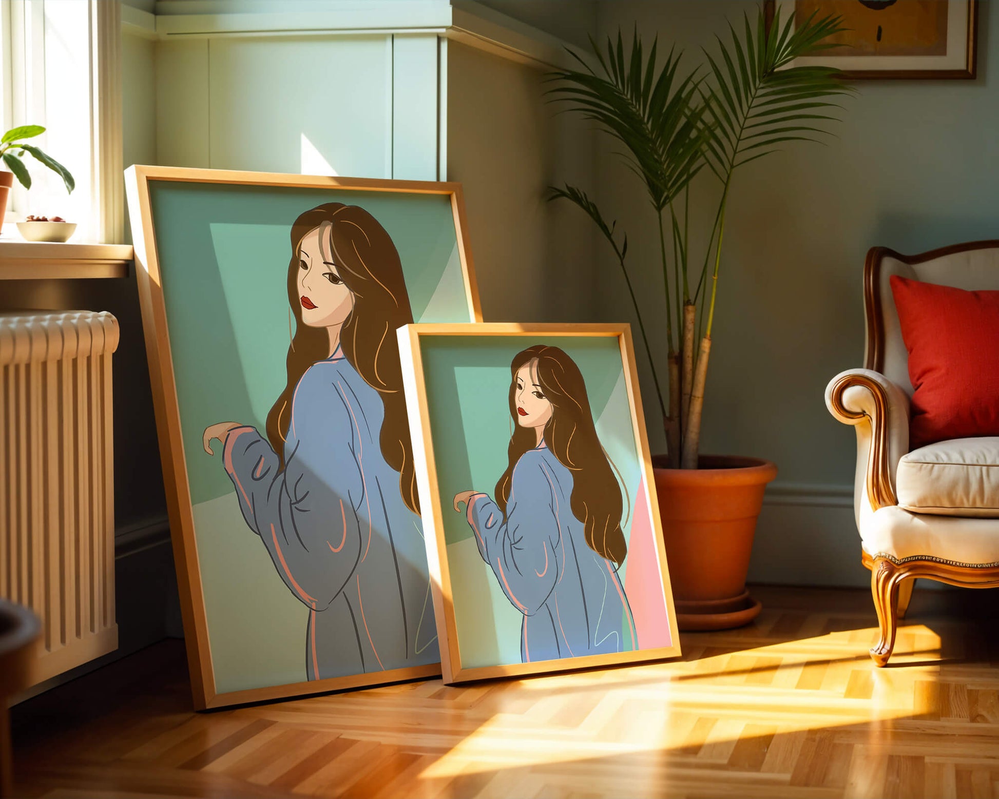 Illustration of woman with long hair and blue jacket