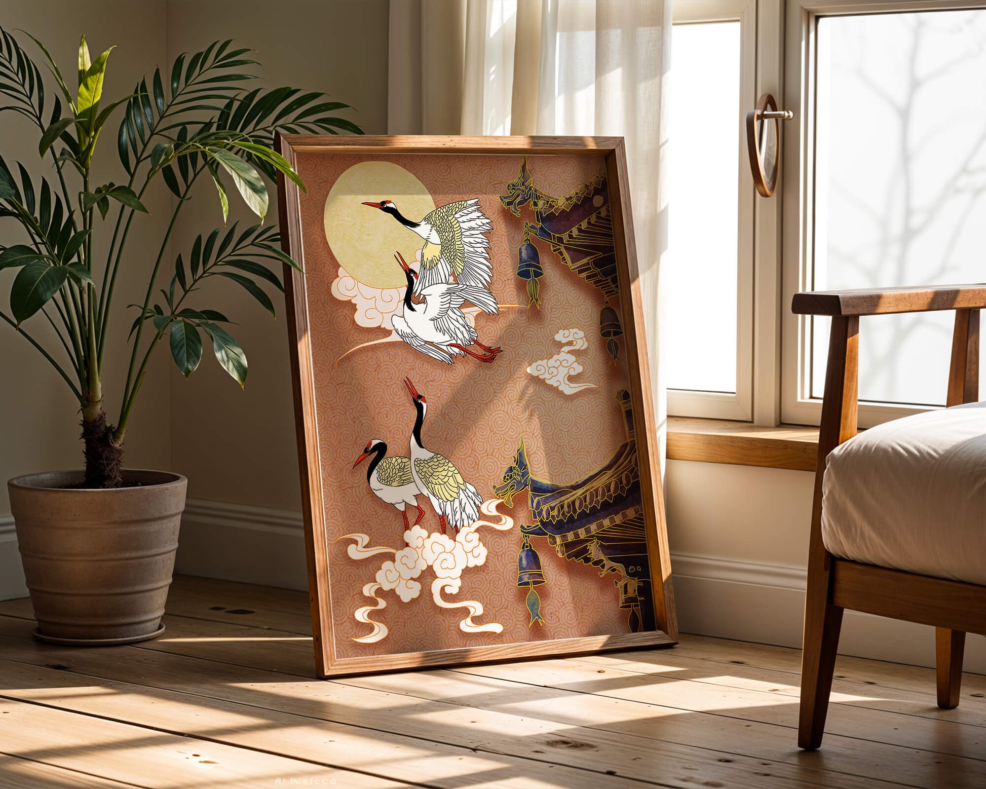 Oriental crane art with golden accents and architectural design