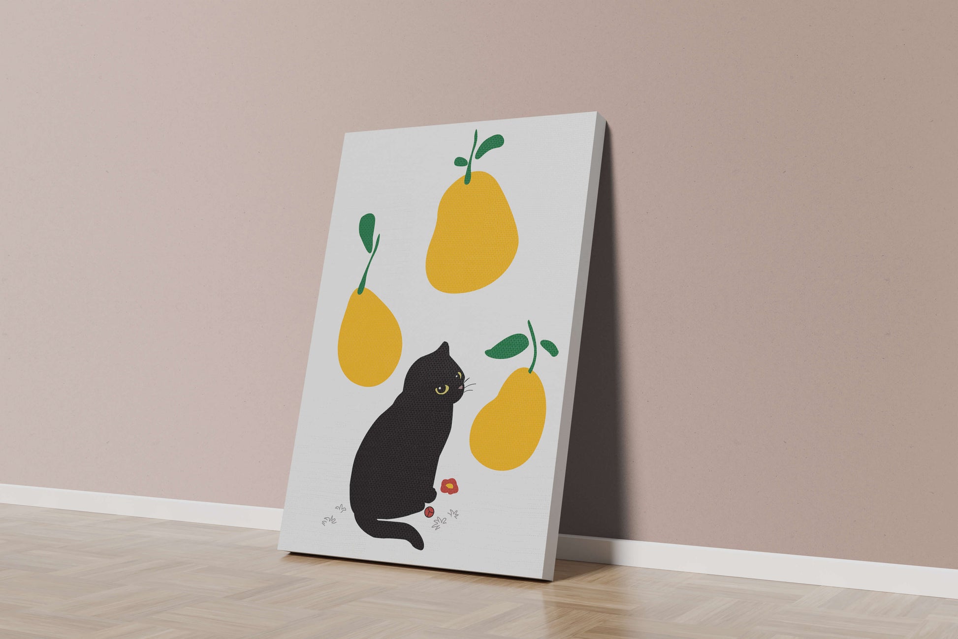 Ilustración de gato negro con peras amarillas y hojas verdes