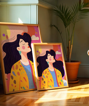 Ilustración colorida de una mujer en estilo artístico con fondo vibrante