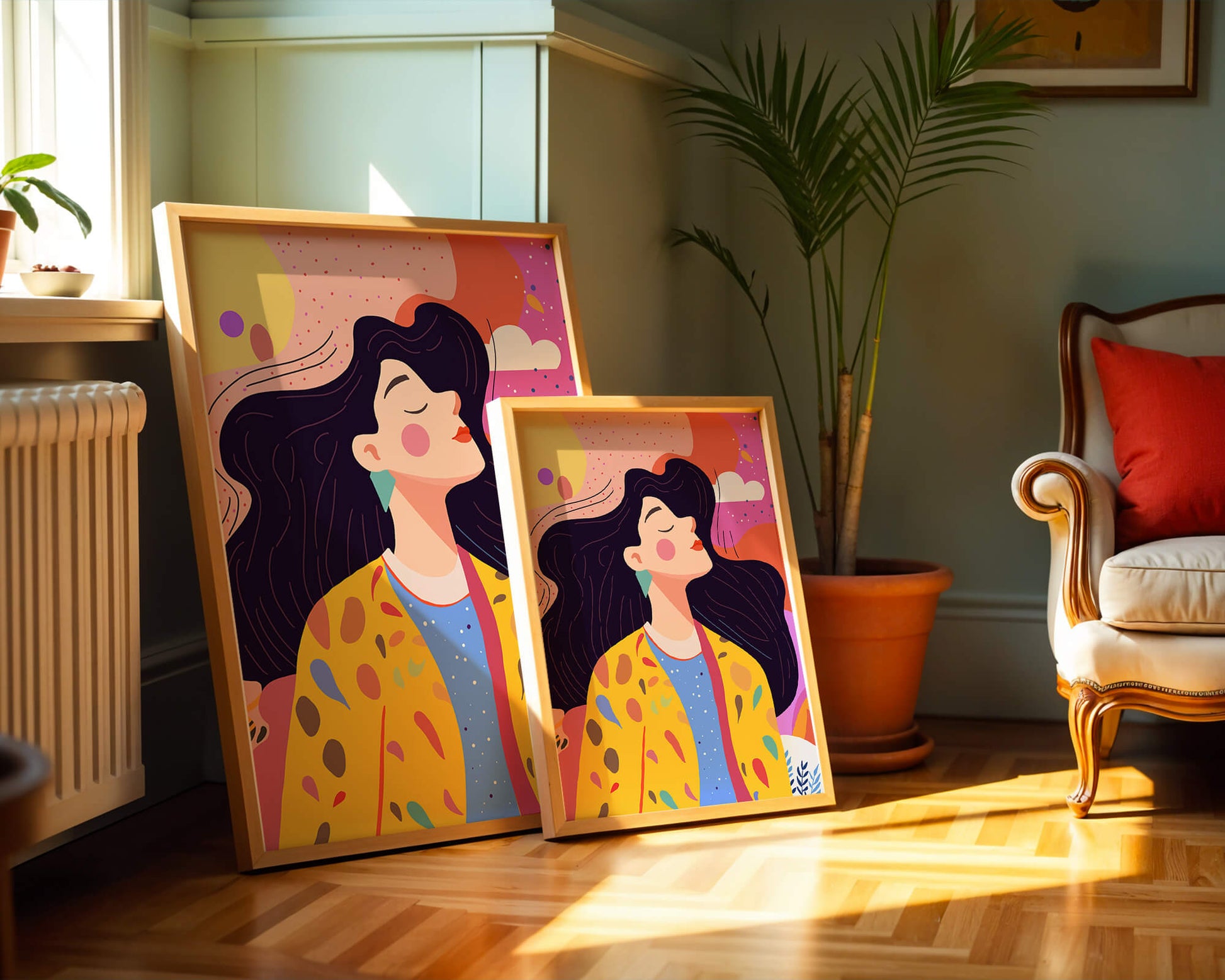 Ilustración colorida de una mujer en estilo artístico con fondo vibrante