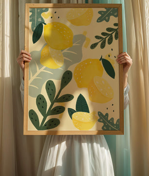 Composición ilustrativa de limones y hojas con colores vibrantes