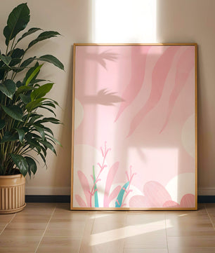 Diseño floral abstracto en rosa suave con hojas estilizadas y ondas
