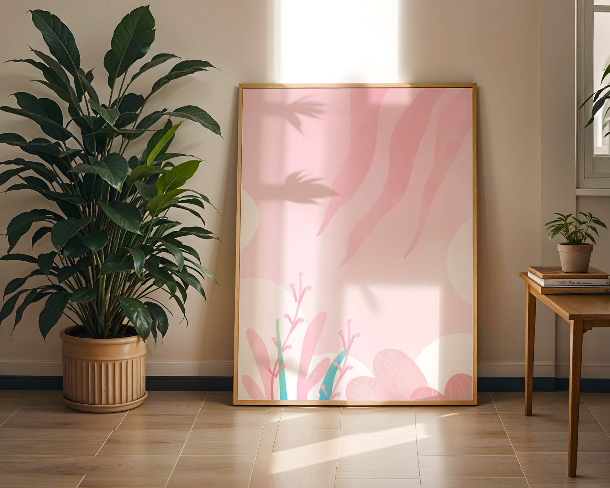 Soft Pink Abstract Floral Design with Stylized Leaves and Waves