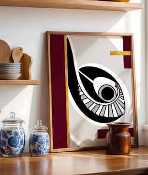 Arte geométrico abstracto con motivo de ojo y detalles dorados