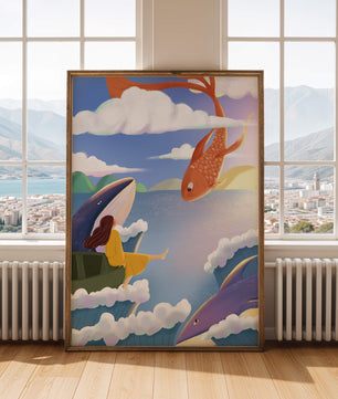 Escena onírica con vida marina y figura flotante en el cielo