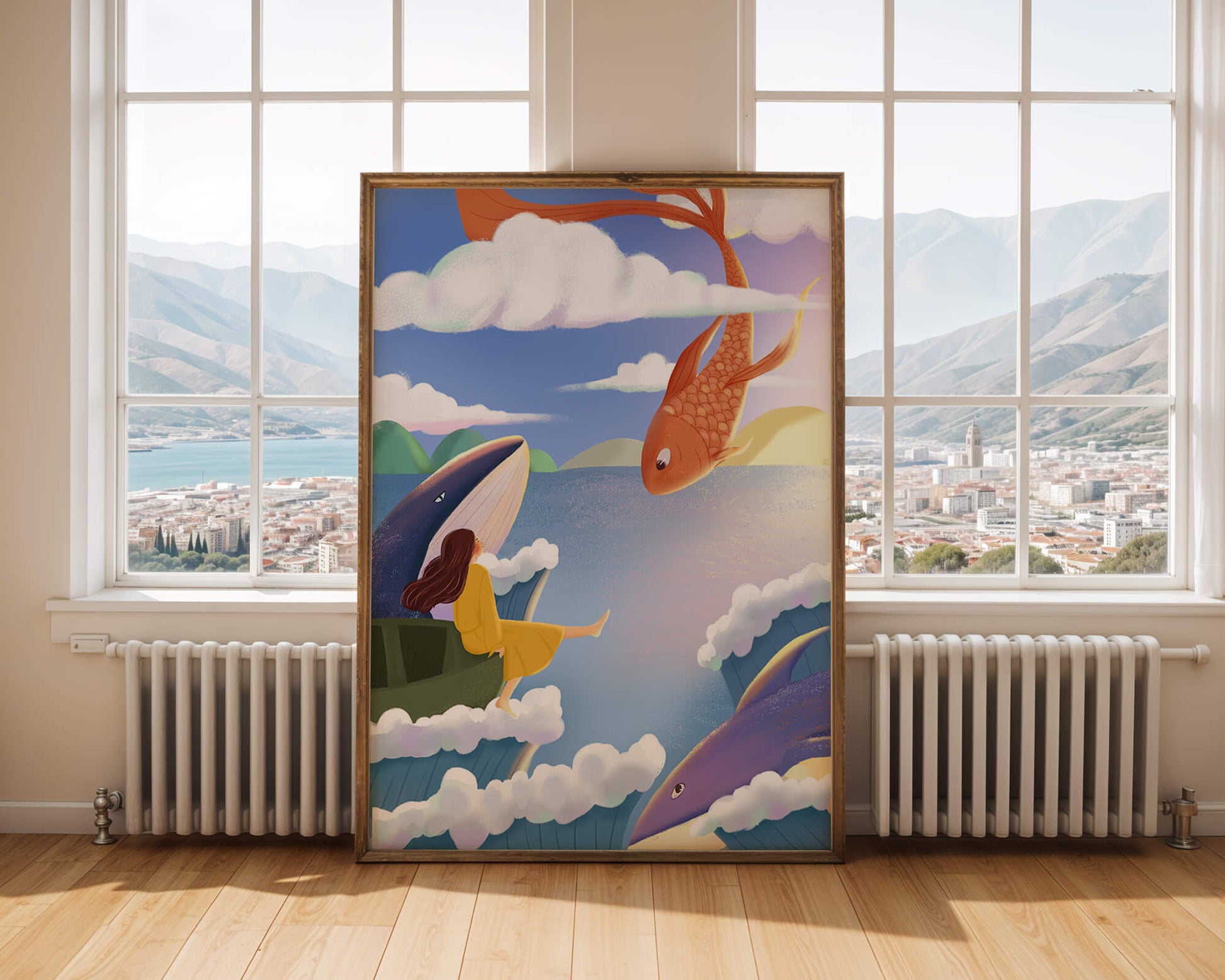 Dreamlike scene with marine life and floating figure in the sky