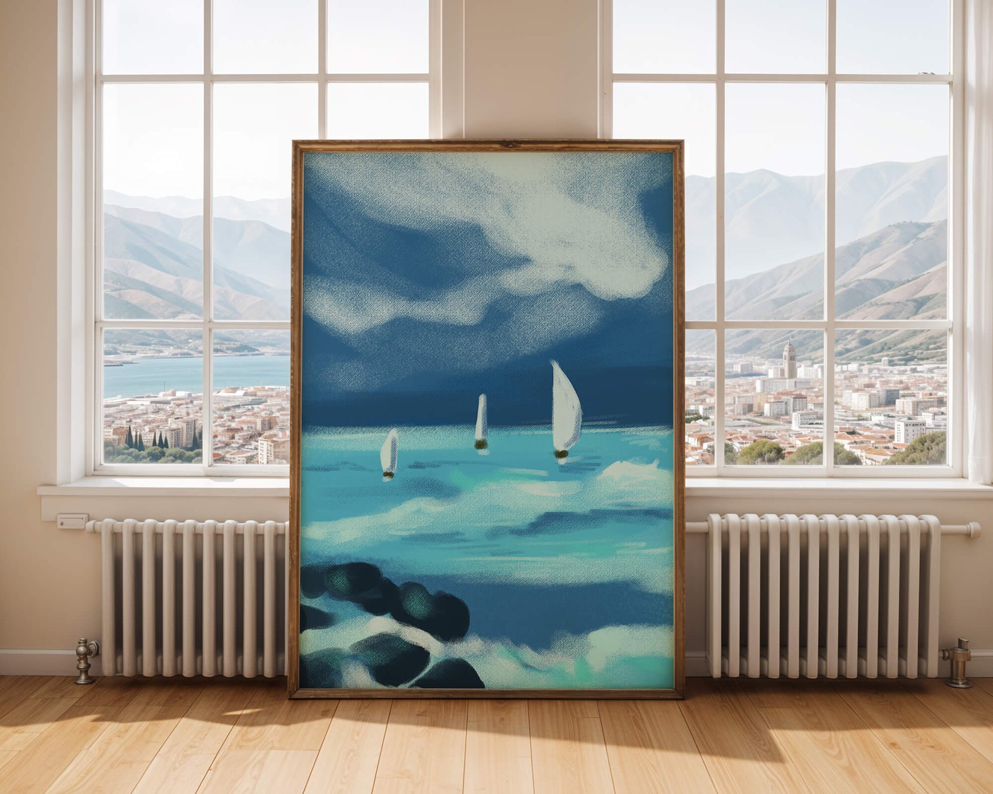 Seascape with sailboats navigating blue waves under a dramatic sky
